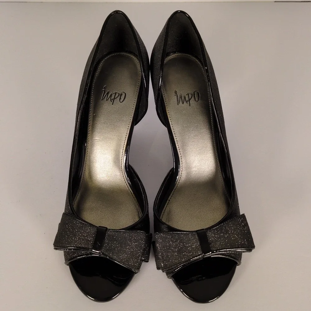 IMPO VTG Black‎ Heels SZ 7 Patent Leather Glitter Open Toe Bow Accent Pumps